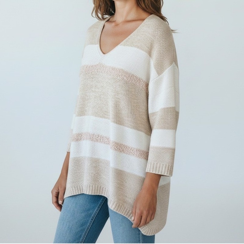 Soft Surroundings Womens Petite M Tan White Lightweight Striped V-Neck Sweater